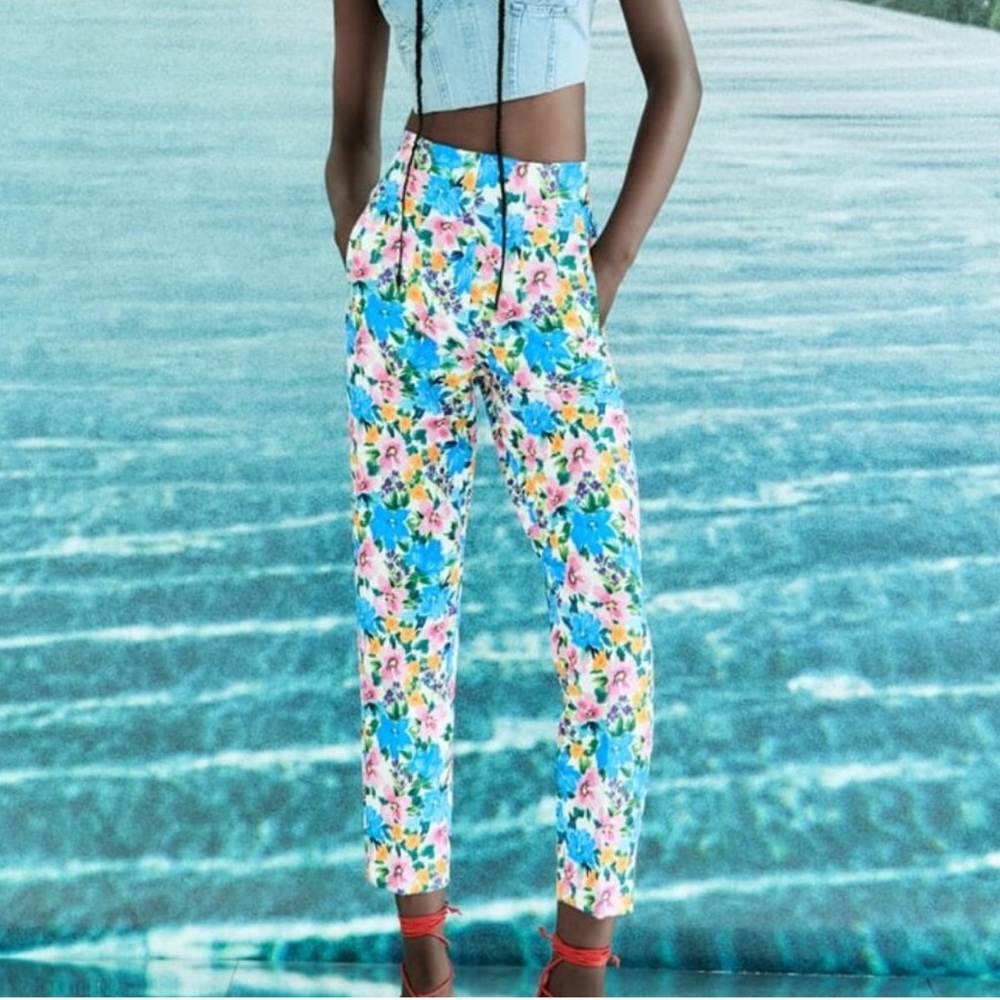 Zara High Waisted pink blue orange Floral Print Cigarette Pants Size L NWT